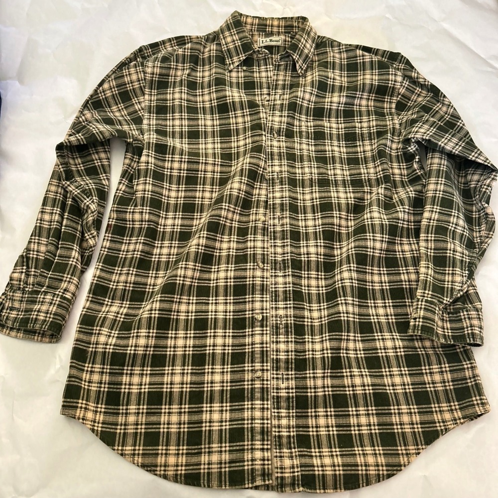 L.L.‎ Bean VTG Mens Green Beige Plaid Corduroy Pinwale Button Shirt Corduroy
